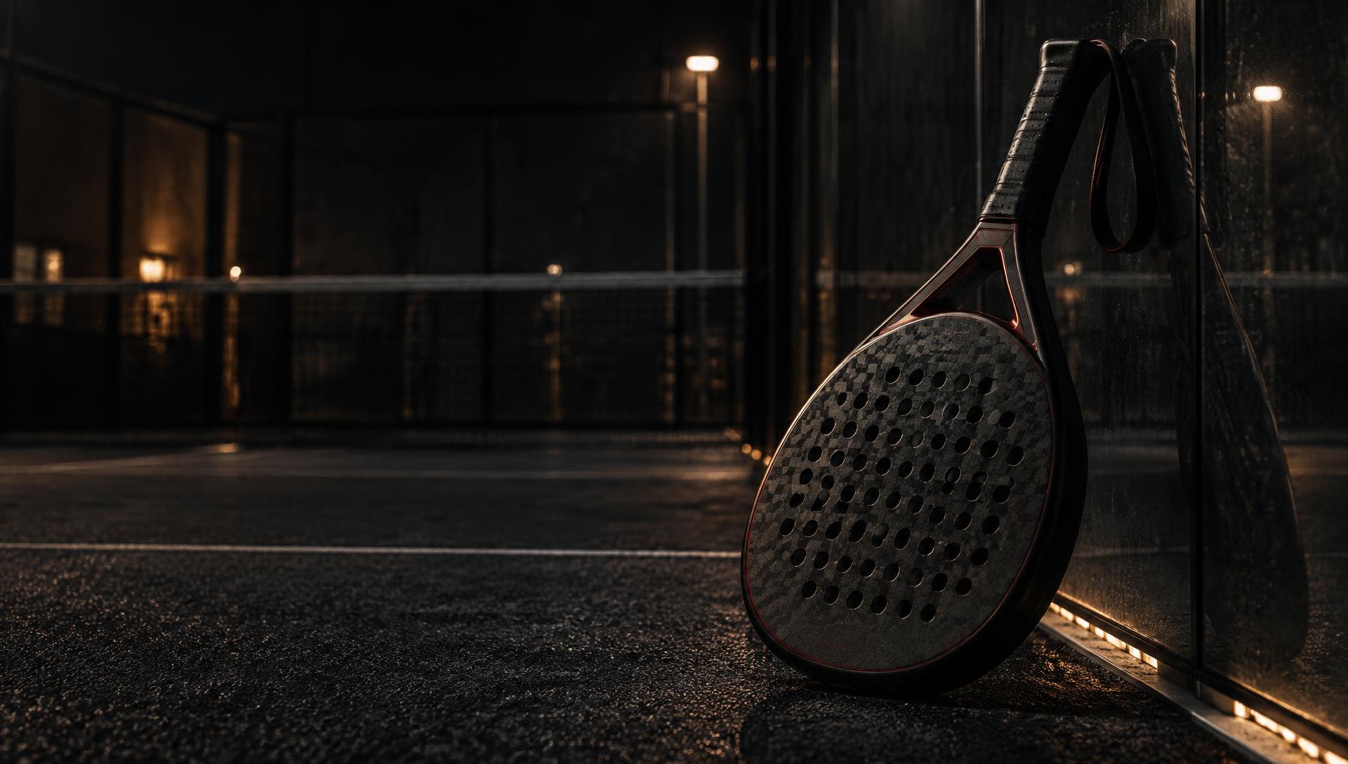 A black REBOTE padel racket with burgundy details leaning against the glass of a dark court
