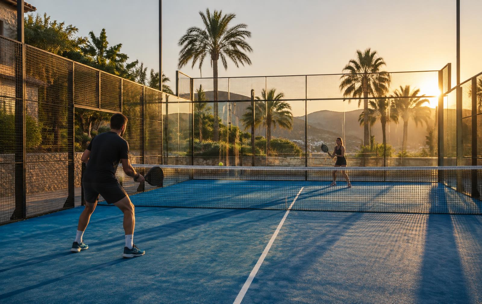 Illustrative early-morning padel rally on a glass-walled Mediterranean court