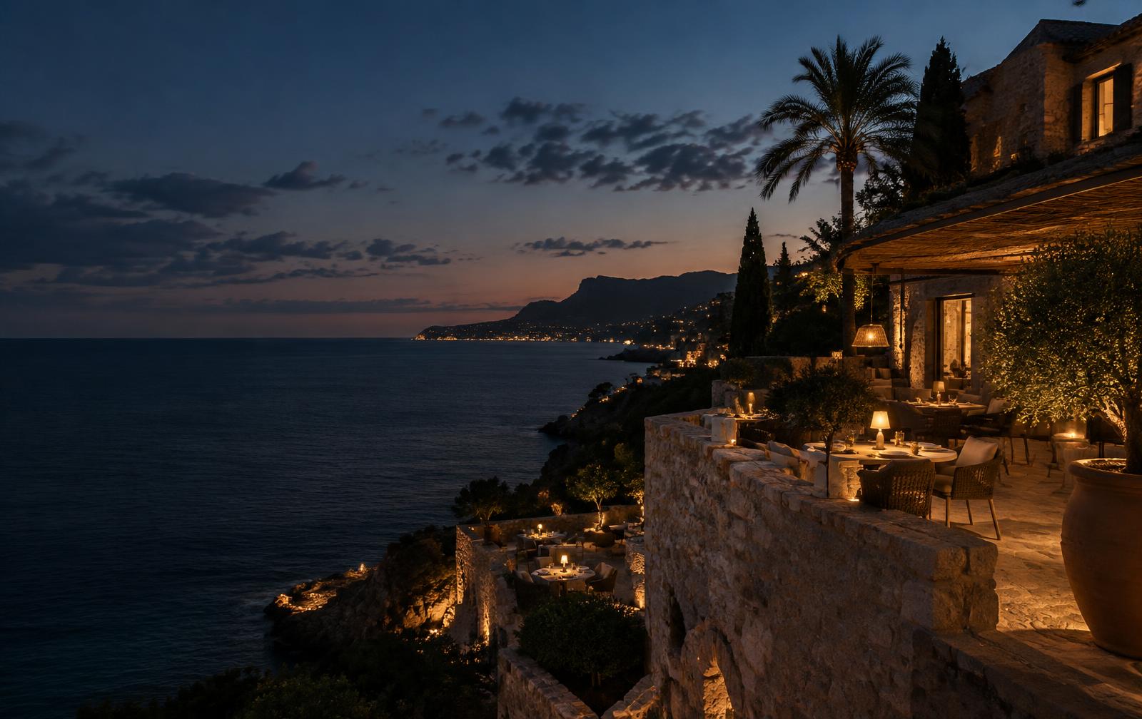 An illustrative Mediterranean seaside terrace at night