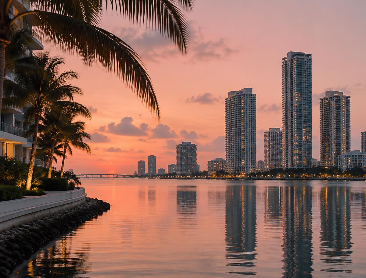 Palm shadows, glass towers and a pastel coastal sunset