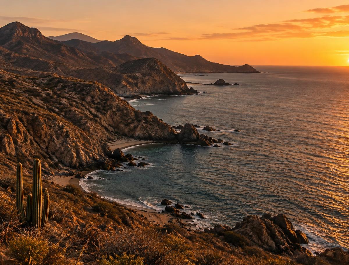 An anonymous desert coastline meeting the ocean in evening light